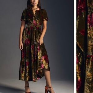 NWT ANTHROPOLOGIE the Somerset velvet maxi dress in green motif. Size XXS.